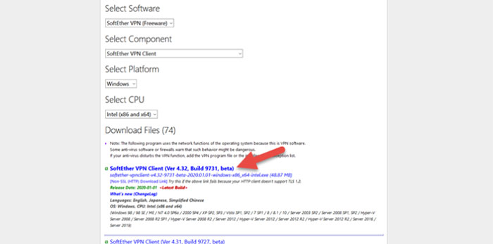 SoftEther VPN Client component selected in the Windows installer