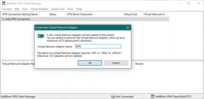 New VPN Connection Setting window in SoftEther VPN Client Manager