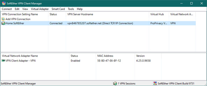 Connected status in SoftEther VPN Client Manager