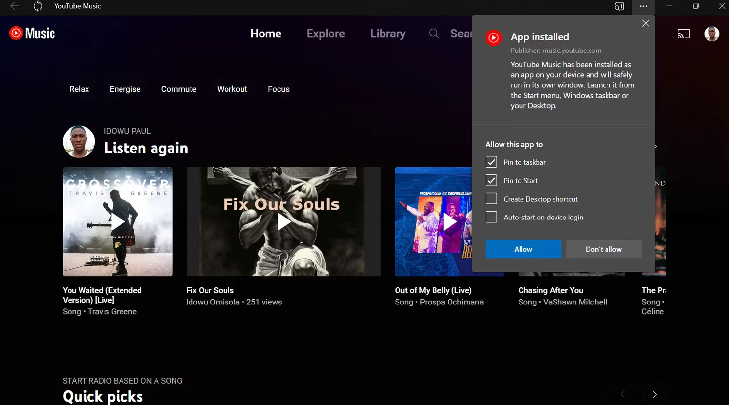 How to install YouTube Music on PC from your browser Picture 3