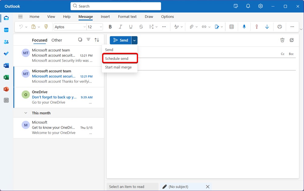 Composing a new email in Outlook
