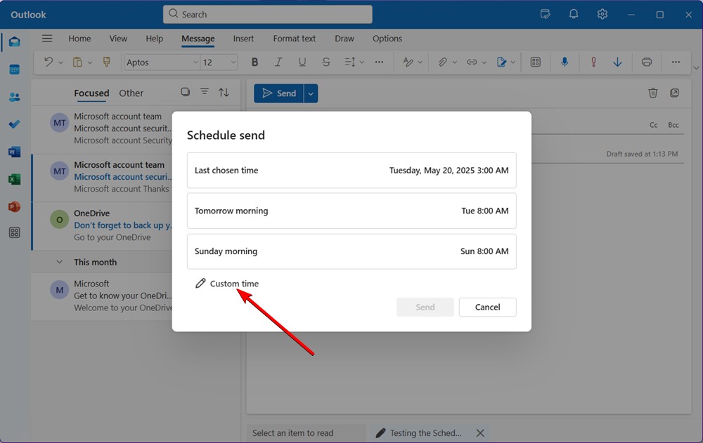 Schedule send option beside the Outlook Send button