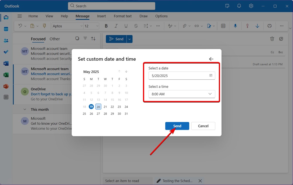 Suggested delivery times in Outlook Schedule send