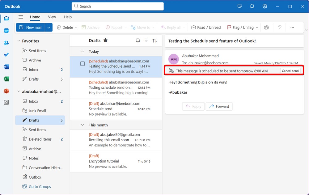 Choosing a custom date and time for a scheduled Outlook email