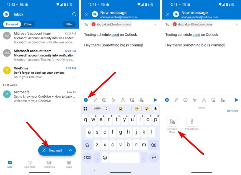 Schedule Send command in the Outlook mobile compose menu