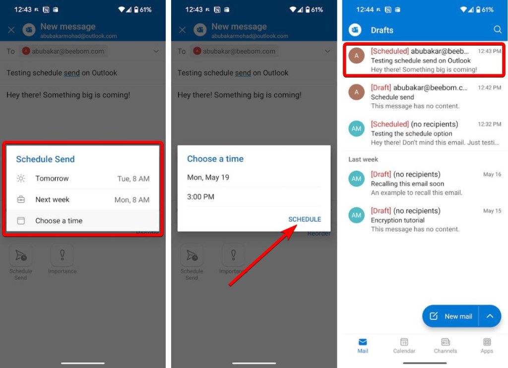 Choosing a delivery date and time in Outlook mobile