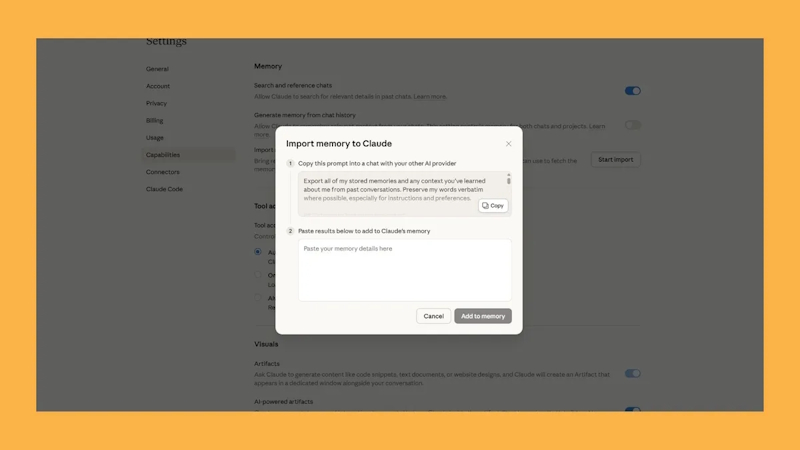 Pasting a reviewed memory summary into Claude