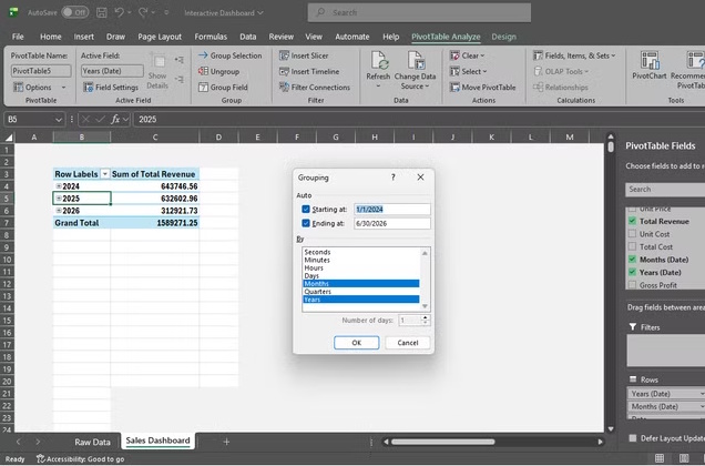 Multiple focused PivotTables arranged on an Excel dashboard