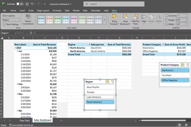Slicers connected to several PivotTables on an Excel dashboard