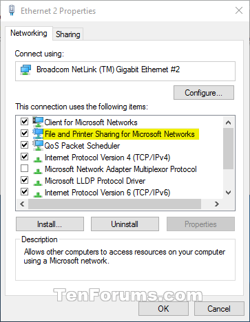 How to enable/disable File and Printer Sharing in Windows 10 Picture 5