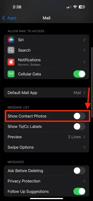 How to turn off contact photos in iPhone Mail Picture 2