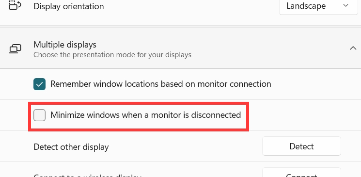 How to disable window minimization when the monitor is disconnected in Windows 11 Picture 3