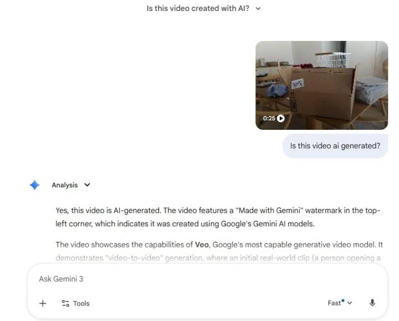 How to use Gemini to determine if a video is real or AI-generated. Picture 2