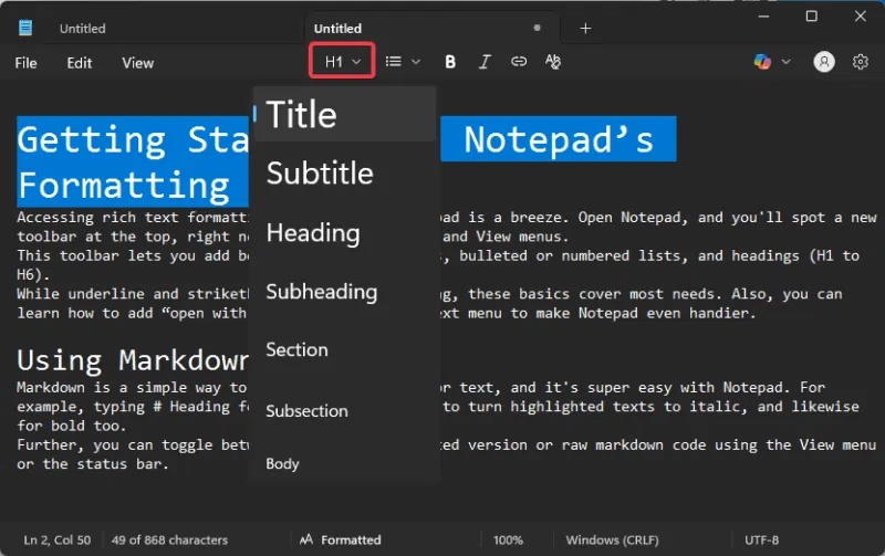 How to Use Markdown and Rich Text Formatting in Windows 11 Notepad Picture 5