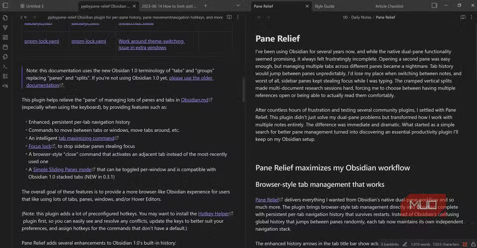 How to use the Pane Relief plugin to get a dual pane layout in Obsidian Picture 2
