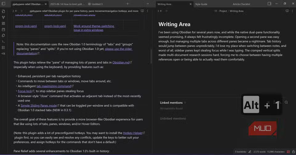 How to use the Pane Relief plugin to get a dual pane layout in Obsidian Picture 3