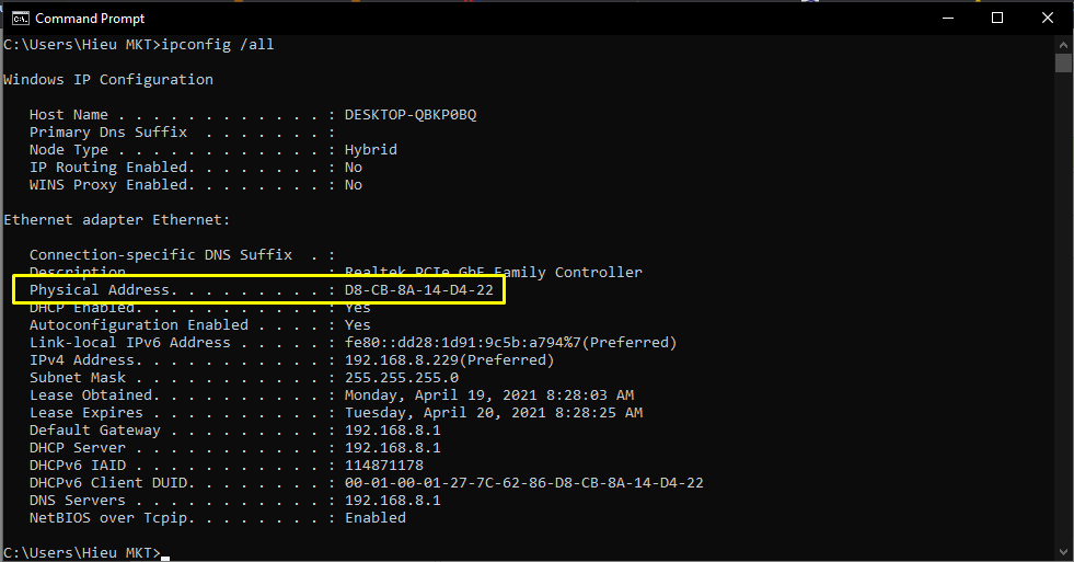 How to view MAC address on Windows using Command Prompt Picture 3