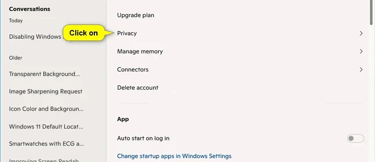 Instructions for copying the chat link Copilot Windows Picture 1