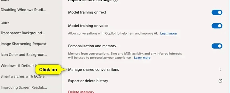 Instructions for copying the chat link Copilot Windows Picture 2