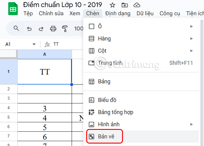 Instructions for crossing out cells in Google Sheets Picture 1
