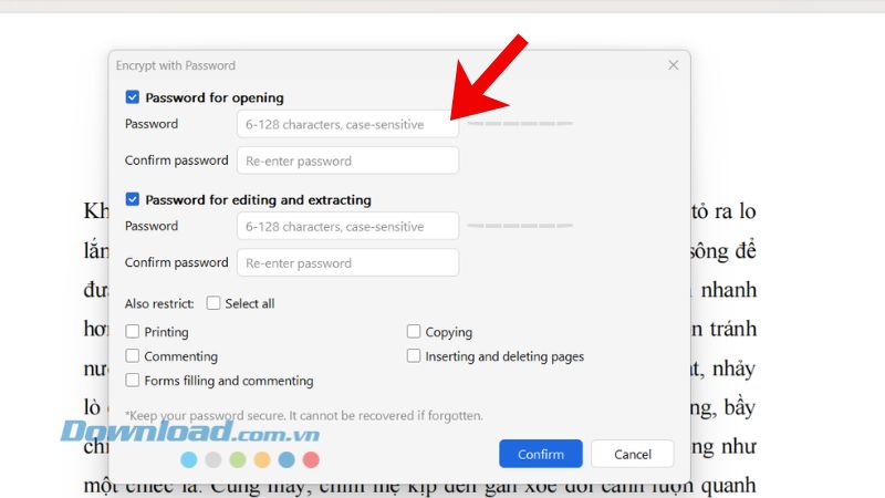 Confirming password protection for a PDF in WPS Office