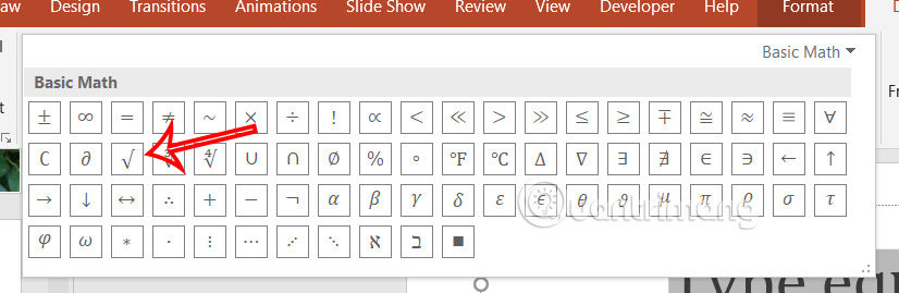 Instructions for inserting square root symbol in Powerpoint Picture 7