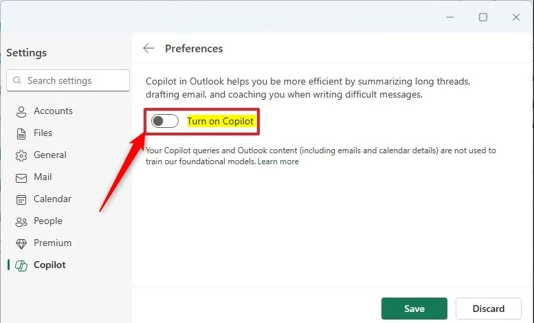 Instructions for enabling and disabling Copilot in Outlook Picture 3