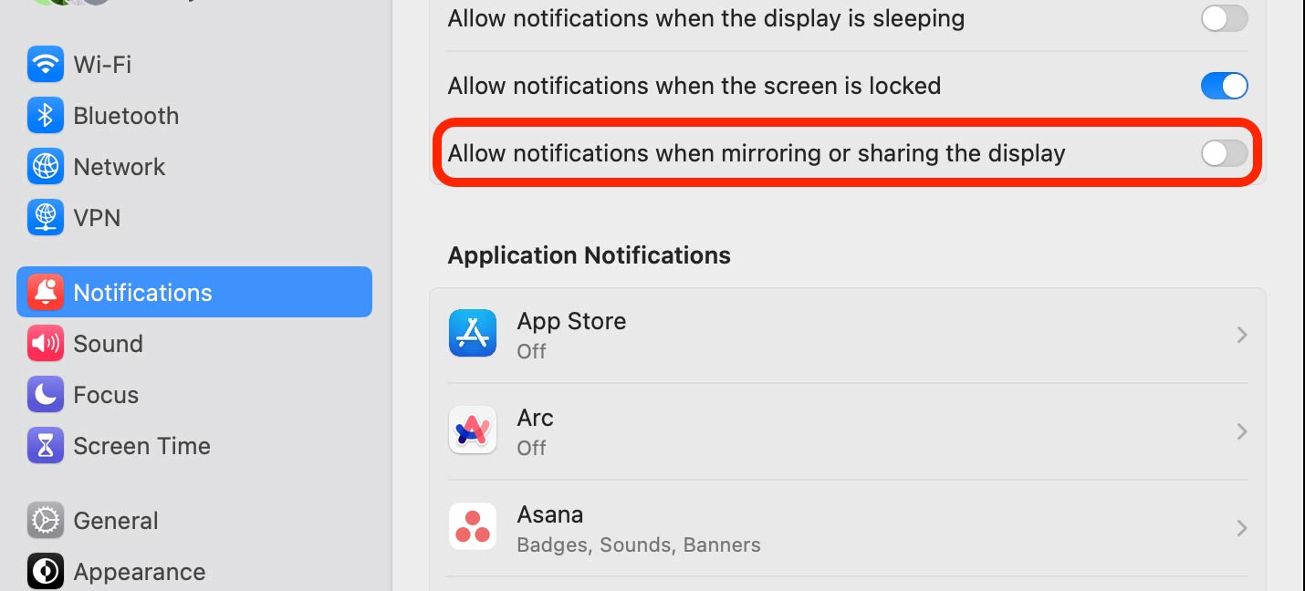 Instructions for turning off notifications appearing on the presentation screen Picture 4