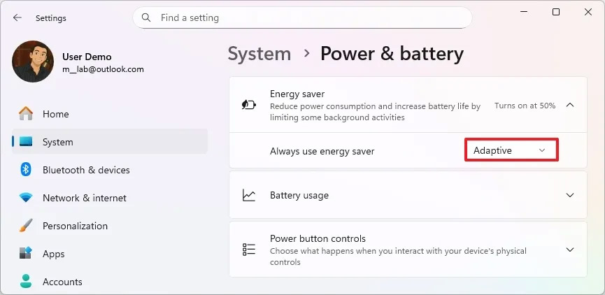 Instructions to enable Adaptive Energy Saver to improve Windows 11 battery Picture 1