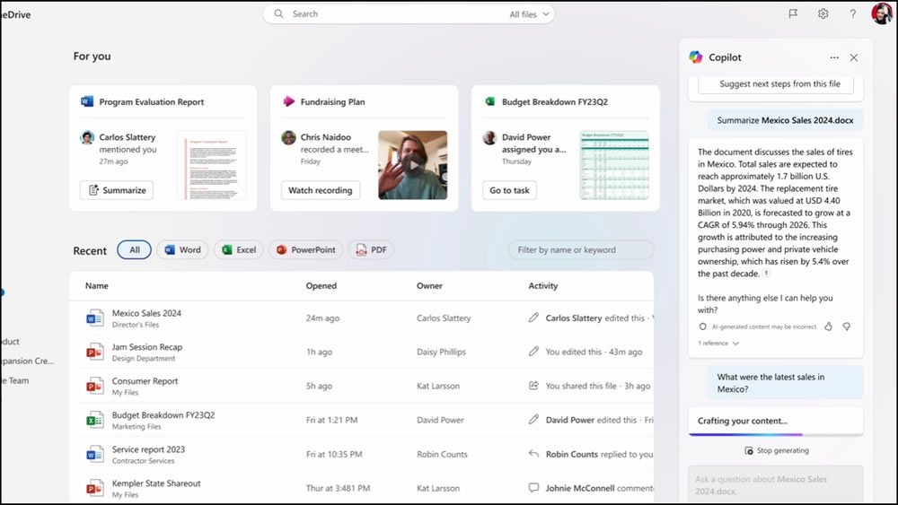 Instructions for using Copilot in OneDrive Picture 1