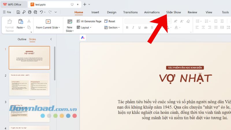 Presentation opened in WPS with a slide selected