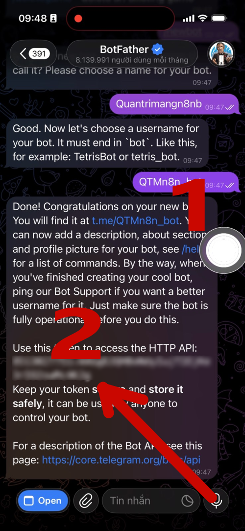 Instructions on how to create a Telegram bot and connect to n8n quickly. Picture 6