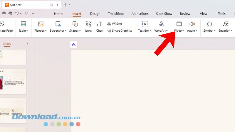 Insert tab and Video command in WPS Presentation