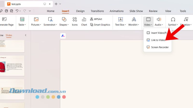 Local Video and Link Local Video choices in WPS Presentation