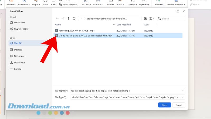Selecting a local video file to add to a WPS presentation
