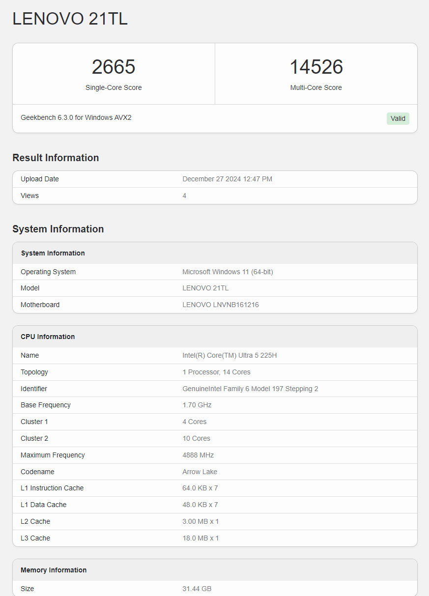 Intel Core Ultra 5 225H, Core Ultra 7 255H and Core Ultra 9 285H CPU performance evaluation results are available on Geekbench Picture 1