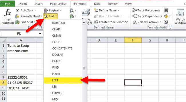 Picture 1 of The LEFT function: Extracts characters from the left side of a string in Excel.