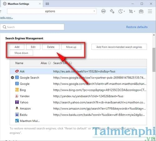 Picture 3 of Managing search engines on the Maxthon browser on Windows