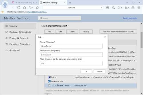 Picture 4 of Managing search engines on the Maxthon browser on Windows