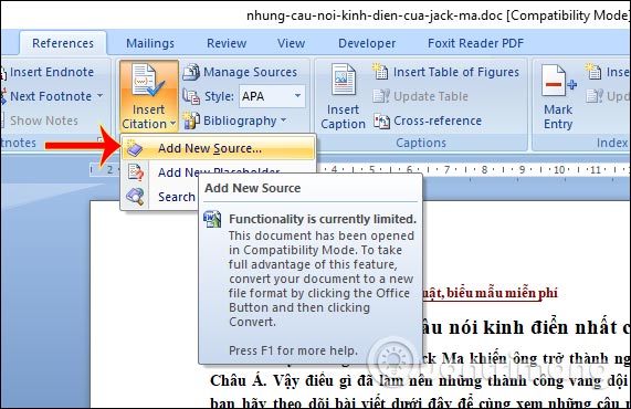 Picture 1 of MS Word - Lesson 16: Adding Citations and Creating a Citation Folder