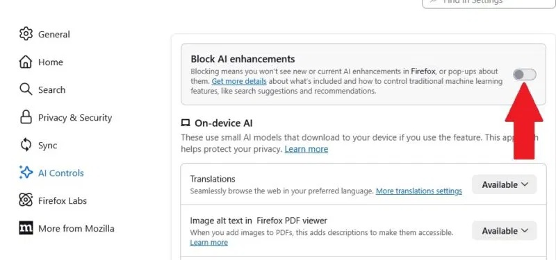 The new Firefox AI Controls allow users to disable all AI features. Picture 2