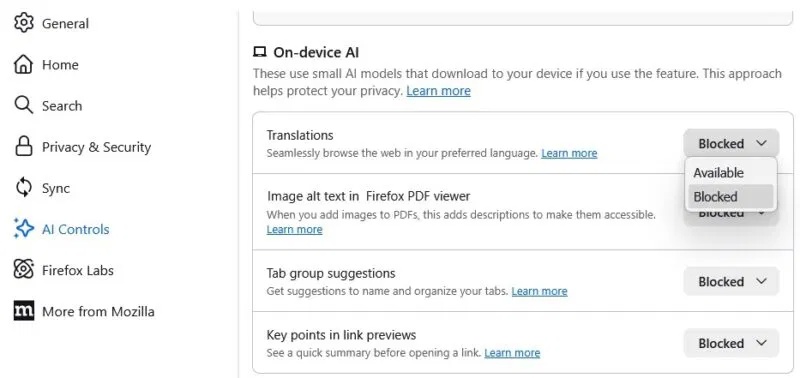 The new Firefox AI Controls allow users to disable all AI features. Picture 3