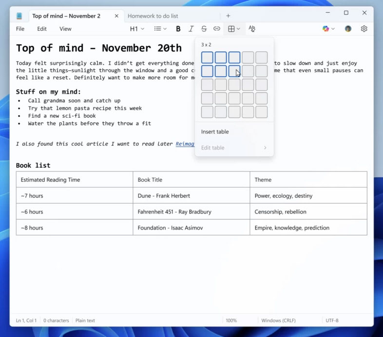 Notepad on Windows 11 now supports creating tables and upgraded a series of AI features Picture 1