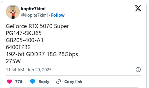NVIDIA GeForce RTX 5070 SUPER Specs Leaked: 6400 Cores, 18GB Memory, 275W Power Picture 1