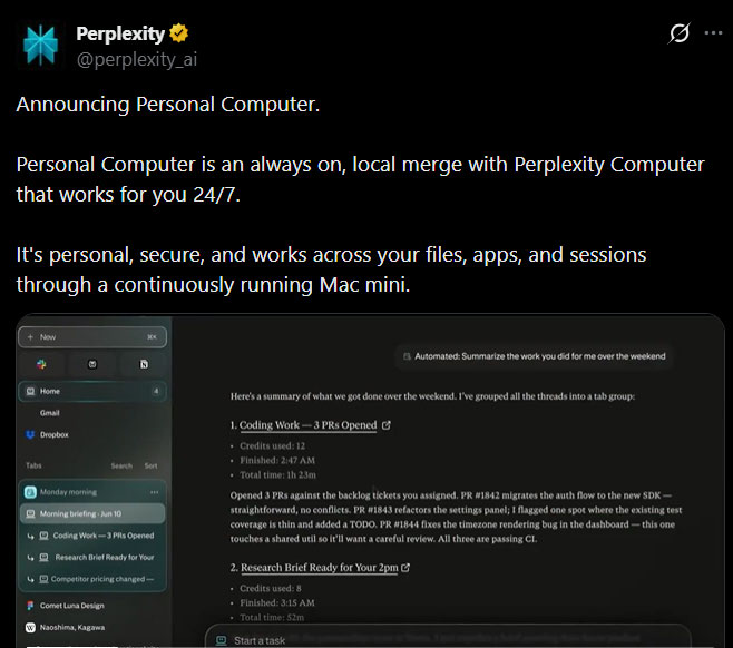 Perplexity launches 'Personal Computer': AI agent operating 24/7 on a cloud platform. Picture 1