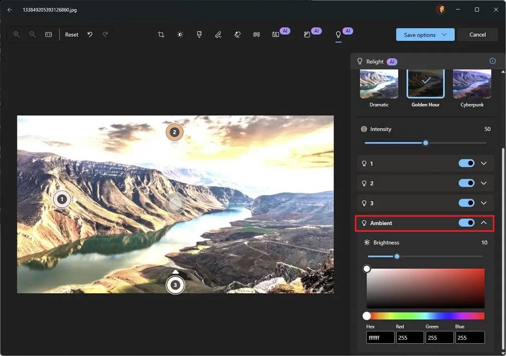 Instructions for adjusting photo lighting with Relight Windows 11 Picture 3