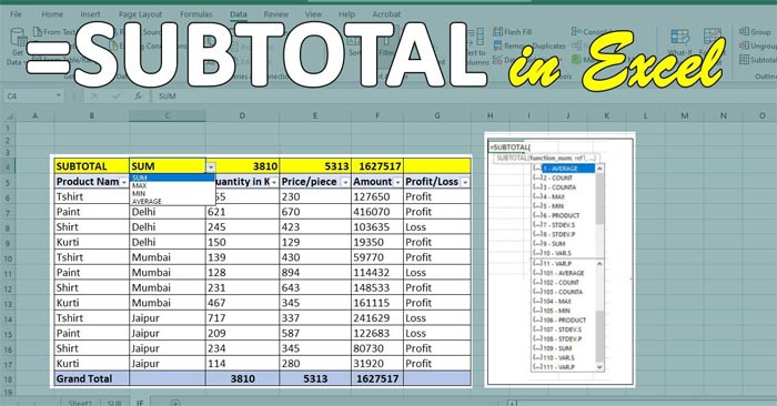 Picture 1 of SUBTOTAL function: Calculates the sum of the values ​​in a filtered list in Excel.