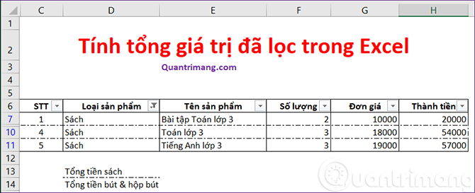 Picture 3 of SUBTOTAL function: Calculates the sum of the values ​​in a filtered list in Excel.