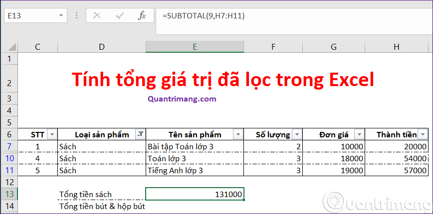 Picture 4 of SUBTOTAL function: Calculates the sum of the values ​​in a filtered list in Excel.