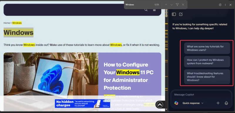 Instructions on using Copilot suggestions in Microsoft Edge's on-page search feature. Picture 4